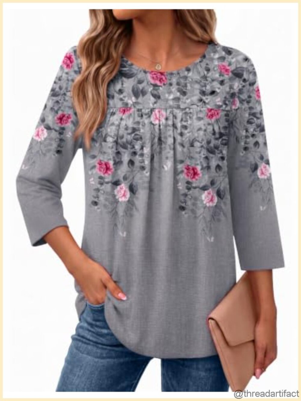 Womens 3/4 Sleeve Pleated Front Boho Blouse Casual Flowy Tunic Top